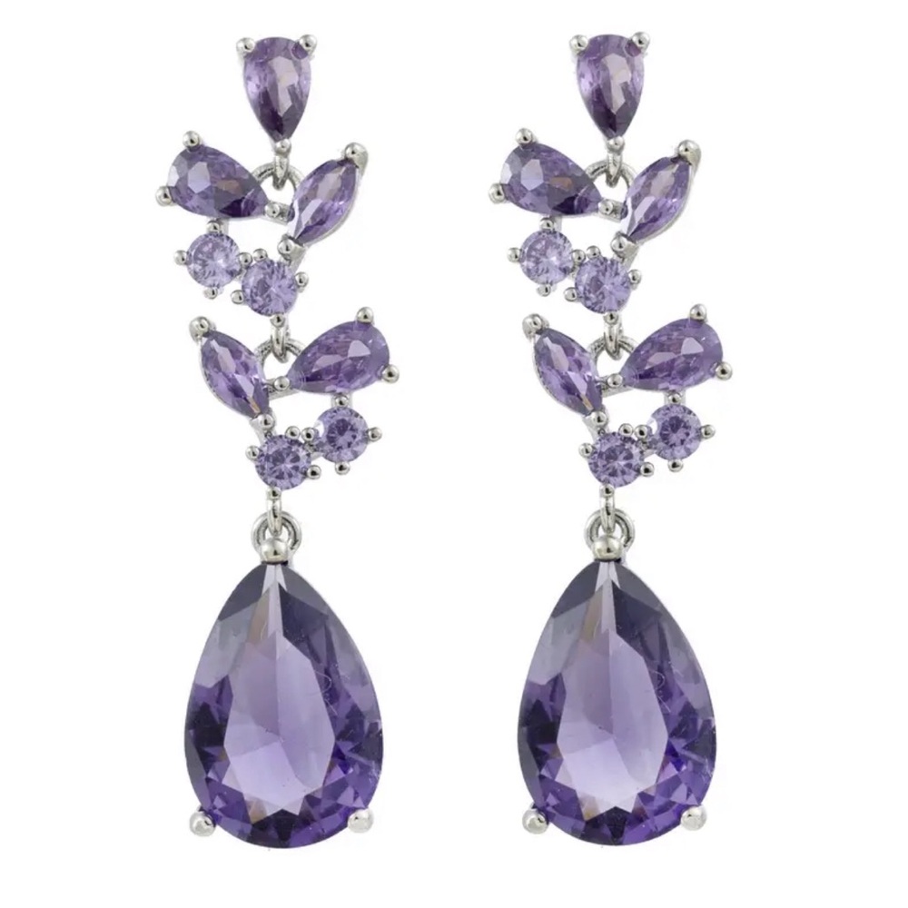 Amethyst and Zircon Silver Plated Pear Shape Dangling Earrings - Picture 9 of 12